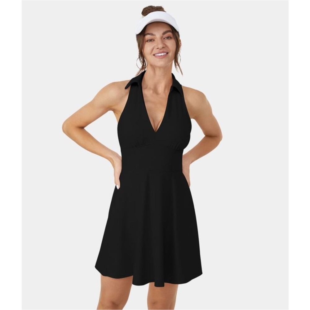 Halara NWT Black Cloudful Airy Collar Racerback UPF Golf Mini Flare Dress Large